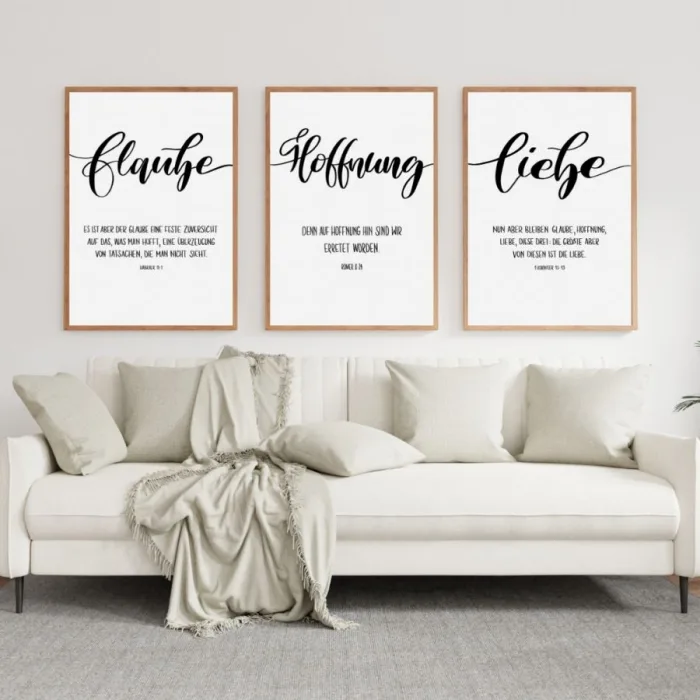 3er Reihe Poster ‚Glaube, Hoffnung, Liebe‘ mit Bibelspruch – Inspirierende Wanddekoration für Zuhause 3er Reihe Poster 'Glaube, Hoffnung, Liebe' mit Bibelspruch – Inspirierende Wanddekoration mit christlichen Werten
