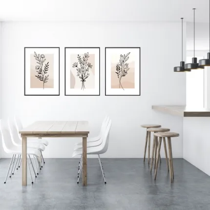 3er Reihe Poster 'Florale LineArt Blumen' in einer Küche – Elegante Wanddekoration mit minimalistischen Blumenmotiven.