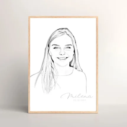 Individuelle Bleistiftzeichnung – Elegante Zeichnung eines Mädchens in einem Rahmen, ein personalisiertes Kunstwerk als digitaler Download
