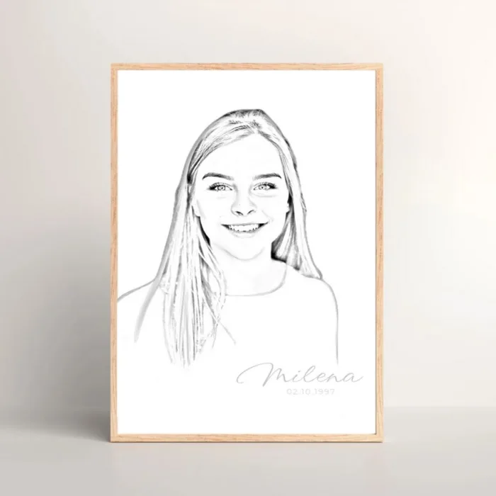 Individuelle Bleistiftzeichnung – Elegante Zeichnung eines Mädchens in einem Rahmen, ein personalisiertes Kunstwerk als digitaler Download