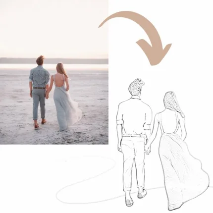 Individuelle Bleistiftzeichnung – Bleistiftzeichnung eines Paares im Vergleich zum Originalfoto, ein personalisiertes Kunstwerk als digitaler Download.