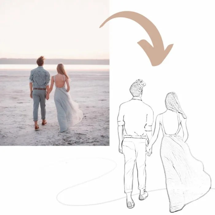 Individuelle Bleistiftzeichnung – Bleistiftzeichnung eines Paares im Vergleich zum Originalfoto, ein personalisiertes Kunstwerk als digitaler Download.