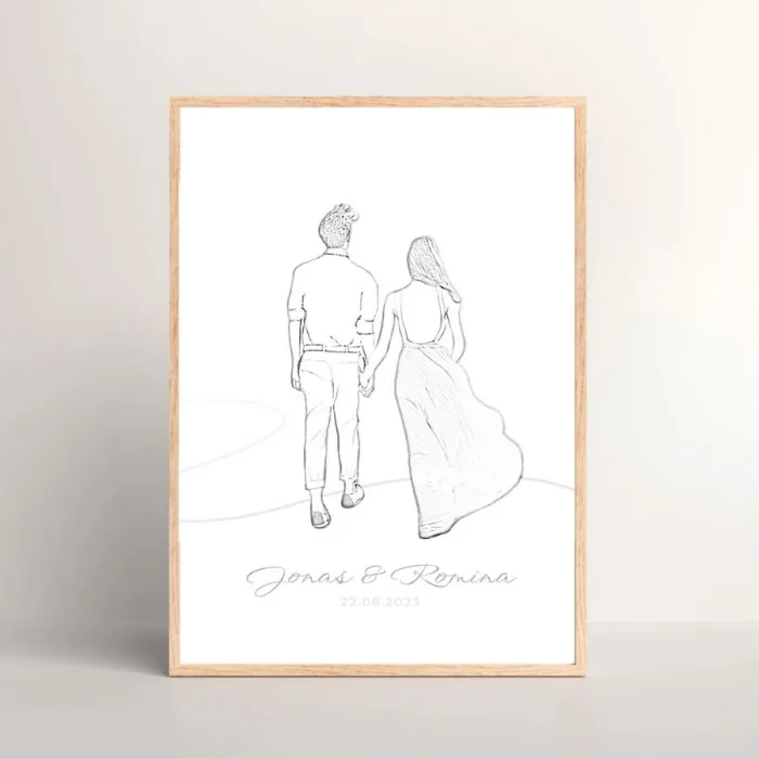 Individuelle Bleistiftzeichnung – Bleistiftzeichnung eines Paares in einem Holzrahmen, ein personalisiertes Kunstwerk als digitaler Download.