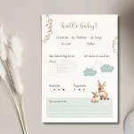 Babyparty-Fragebogen für Jungen – Blaues Design mit Babyelementen (Häschen, Wolken)