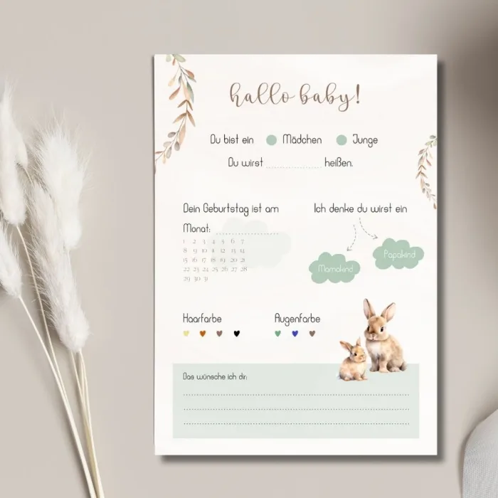 Babyparty-Fragebogen für Jungen – Blaues Design mit Babyelementen (Häschen, Wolken)