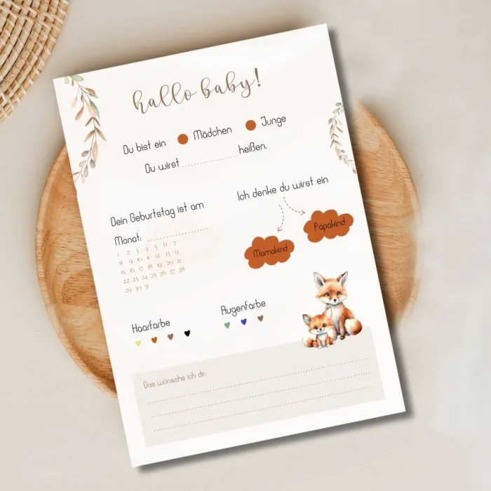 Babyparty-Fragebogen in Terrakotta mit Fuchs-Illustration