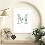 Personalisiertes Familien-Namensschild in Grün – Modern gerahmt im Eingangsbereich mit Deko und Pflanzen, zeigt Nachname, Initial und alle Familienmitglieder