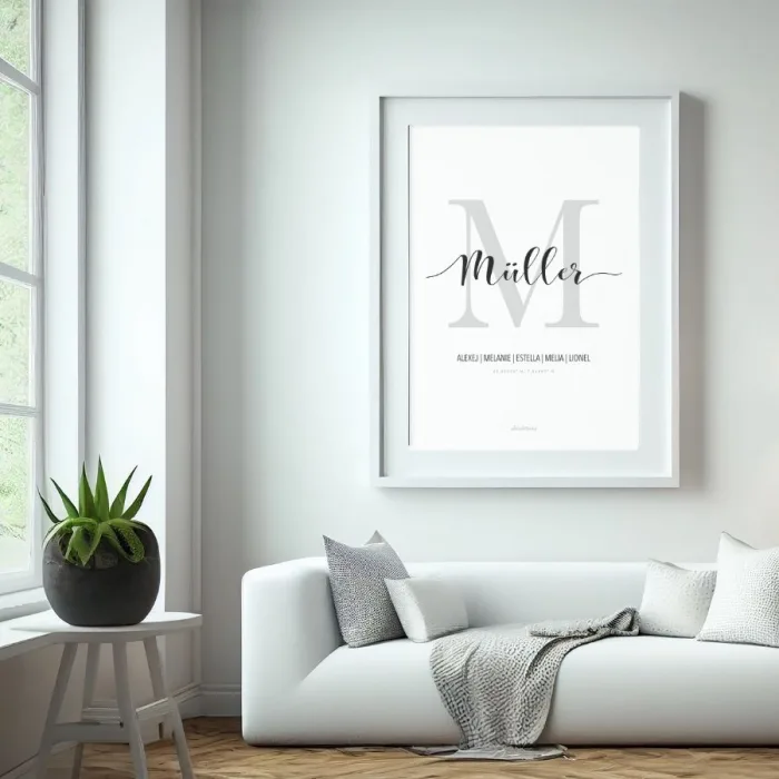 Graues Familien-Namensschild über dem Sofa – Modernes Wandbild mit Nachname, Initial und Familienmitgliedern im Wohnzimmer