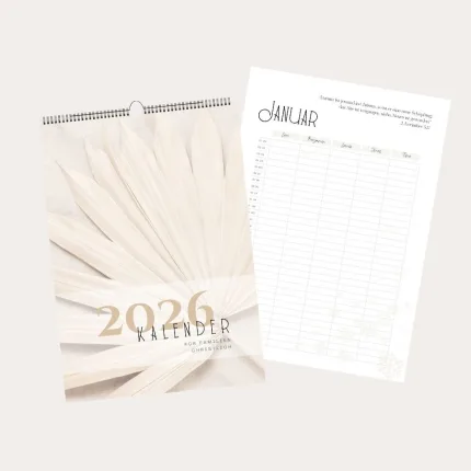 Christlicher Familienkalender – Titelseite und erste Monatsseite mit Bibelspruch und Namensspalten