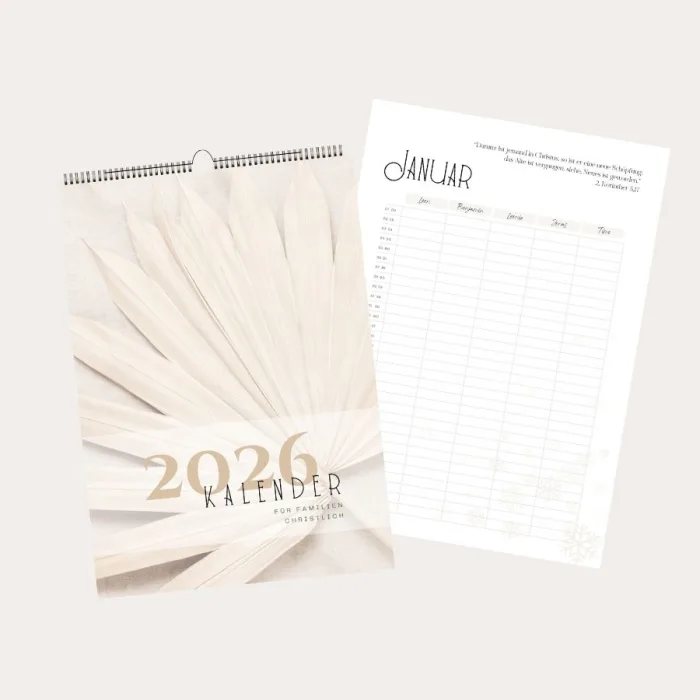 Christlicher Familienkalender – Titelseite und erste Monatsseite mit Bibelspruch und Namensspalten