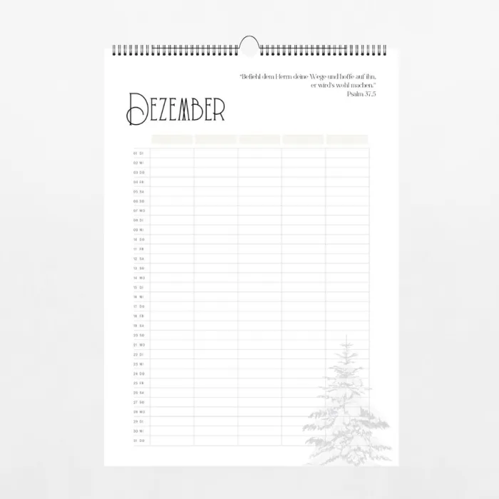 Dezember-Seite des christlichen Familienkalenders – mit Bibelspruch und Namensspalten