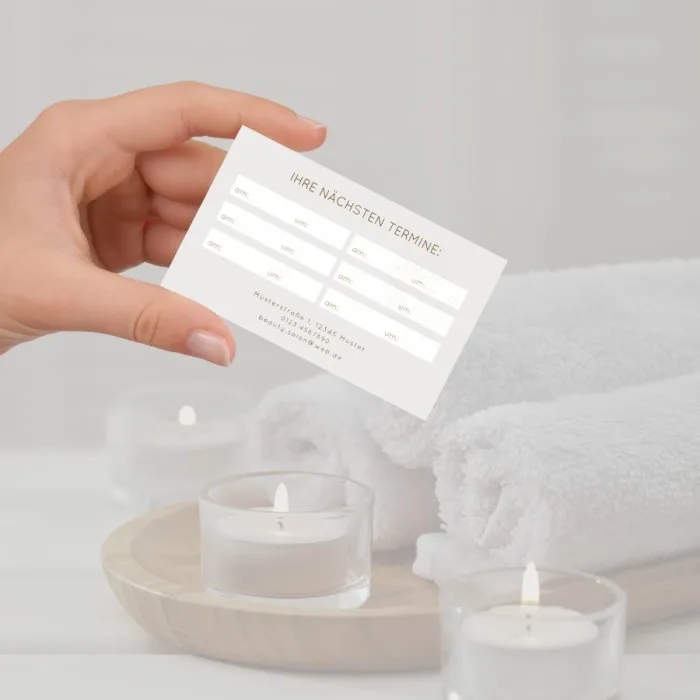 Helle Business-Terminkarte im Spa-Bereich – elegant & professionell