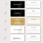 Fünf Design-Varianten des anpassbaren Gutscheins im Überblick