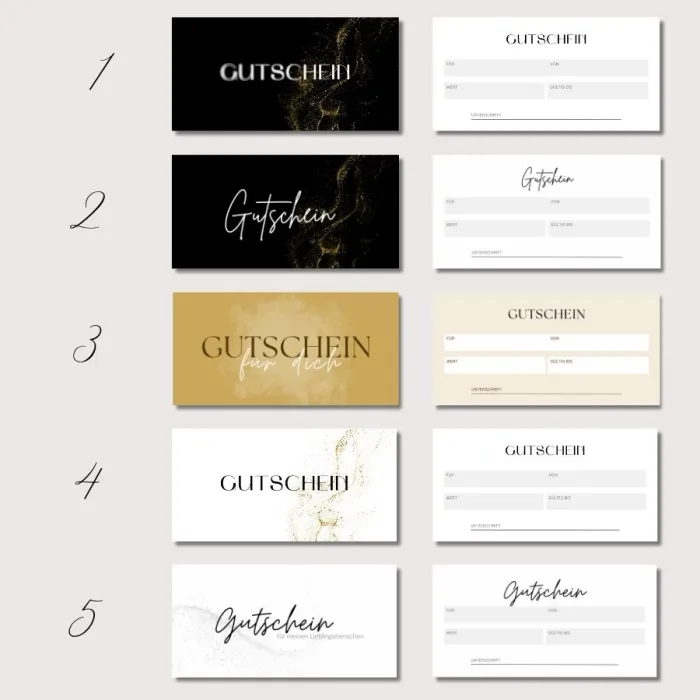 Fünf Design-Varianten des anpassbaren Gutscheins im Überblick