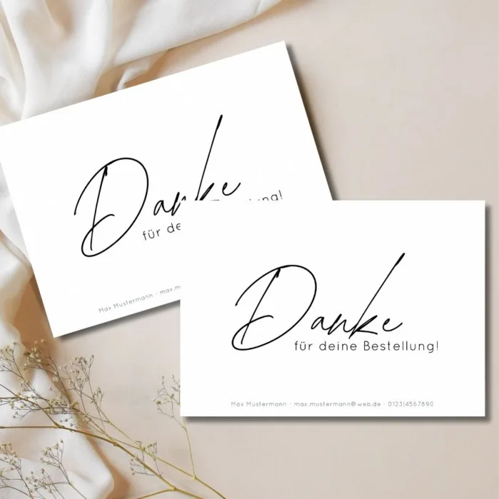 Minimalistische Dankeskarte A6 – Schwarz-Weiß Design mit Kontaktdaten für Bestellungen (250g Papier) digital/druckbar Schlichte Dankeskarte A6 - 'Danke für deine Bestellung' mit Kontaktzeile (Name, Email, Tel.) in Schwarz-Weiß