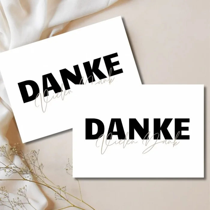 schwarz-weiße Dankeskarte A6 – Individuell gestaltbar mit Wunschtext (z.B. 'Danke, Vielen Dank') auf 250g-Papier, digital & druckbar