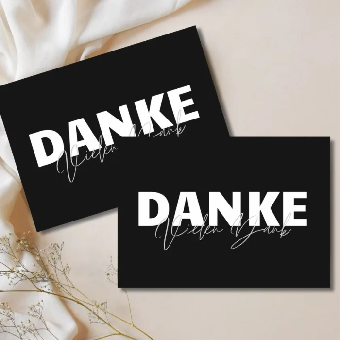 Schwarze Dankeskarte A6 – Individuell gestaltbar mit Wunschtext (z.B. 'Danke, Vielen Dank') auf 250g-Papier, digital & druckbar