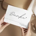 schwarz-weiße Dankeskarte A6 mit Kontaktdaten – Stilvolles Design mit 'Danke', Name, Nachname & Telefonnummer auf 250g-Papier