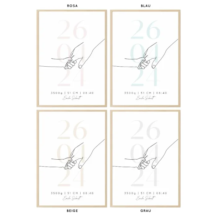 4 Farbvarianten des Geburtserinnerungs-Posters (rosa, blau, beige, grau) – Personalisiert mit Name, Geburtsdatum und Kinderhand-Motiv