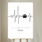 Dieses Bild zeigt das personalisierte 'Little Paws' Bild mit dem Namen und Geburtsdatum des Hundes sowie einer Herzschlagzeichnung in einem gemütlichen Wohnraum. Das moderne Design fügt sich perfekt in die warme und einladende Atmosphäre ein und ist eine ideale Wanddekoration für Hundeliebhaber, die ihre Liebe zu ihrem Vierbeiner ausdrücken möchten.