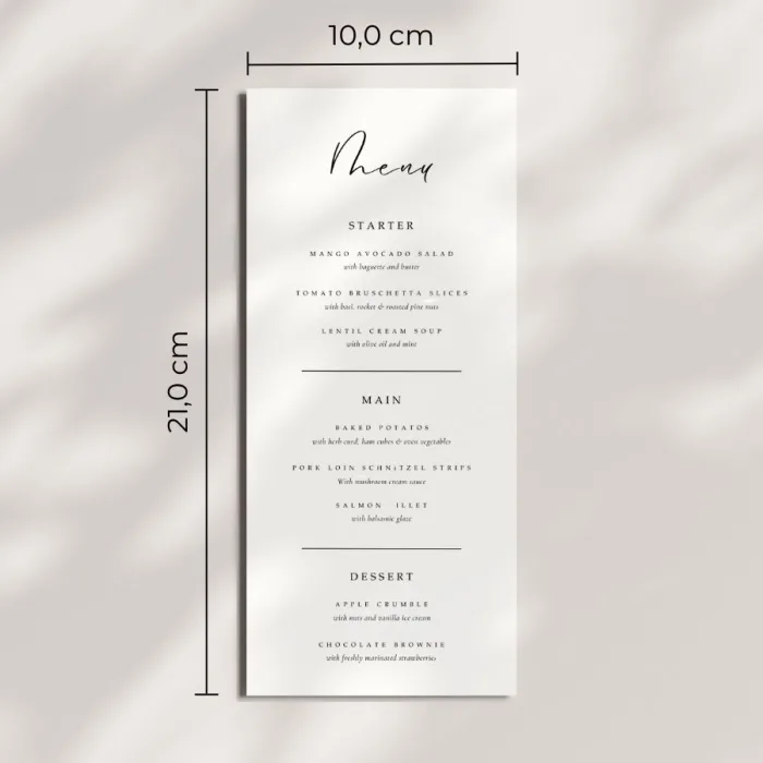 Speisekarte mit Größenangaben
