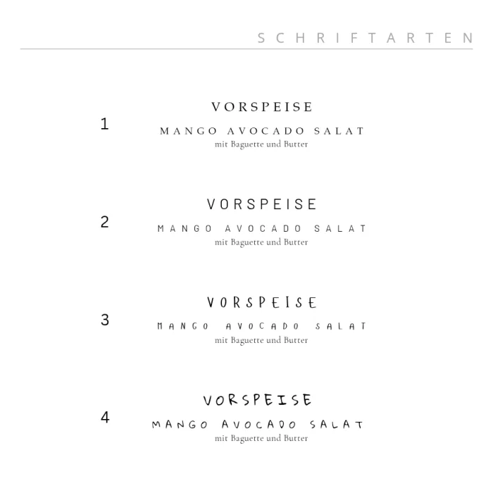 Vier Schriftarten-Optionen für individuelle Speisekarten-Gestaltung