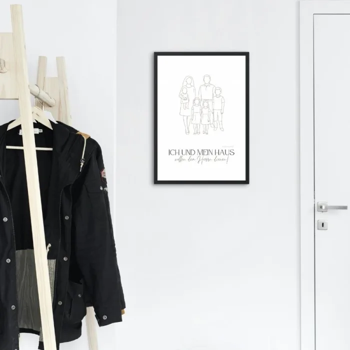 Gerahmtes Familien-Poster im Line-Art Stil mit Bibelvers am Hauseingang